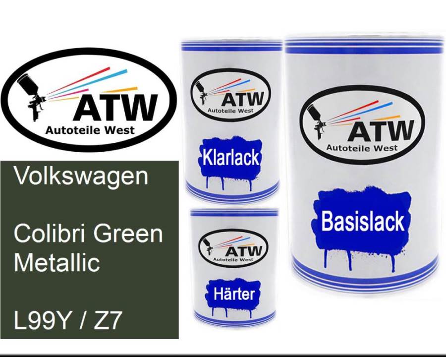 Volkswagen, Colibri Green Metallic, L99Y / Z7: 500ml Lackdose + 500ml Klarlack + 250ml Härter - Set, von ATW Autoteile West.